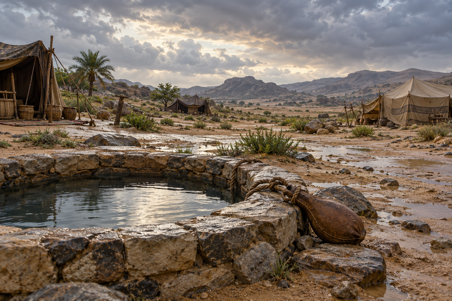 An imagined camp and water supply evoke the setting of Badr discussed in 8:1–19.