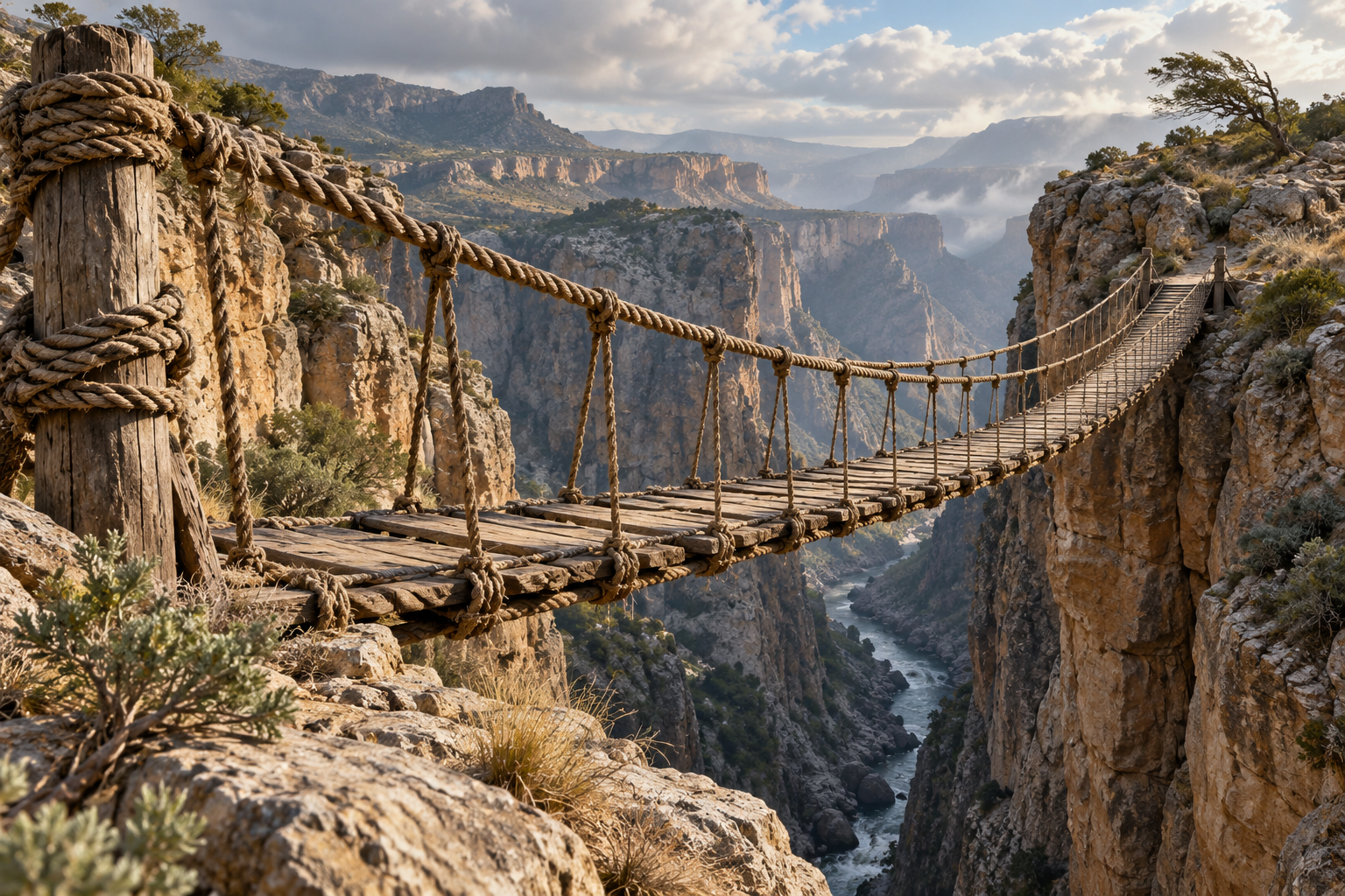 A weathered rope bridge remains intact across a gorge, a visual metaphor for endurance in 29:1–13.