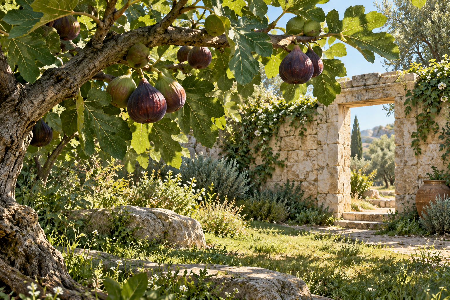An earthly garden offers a restrained visual reflection on the opening account in 7:1–25.
