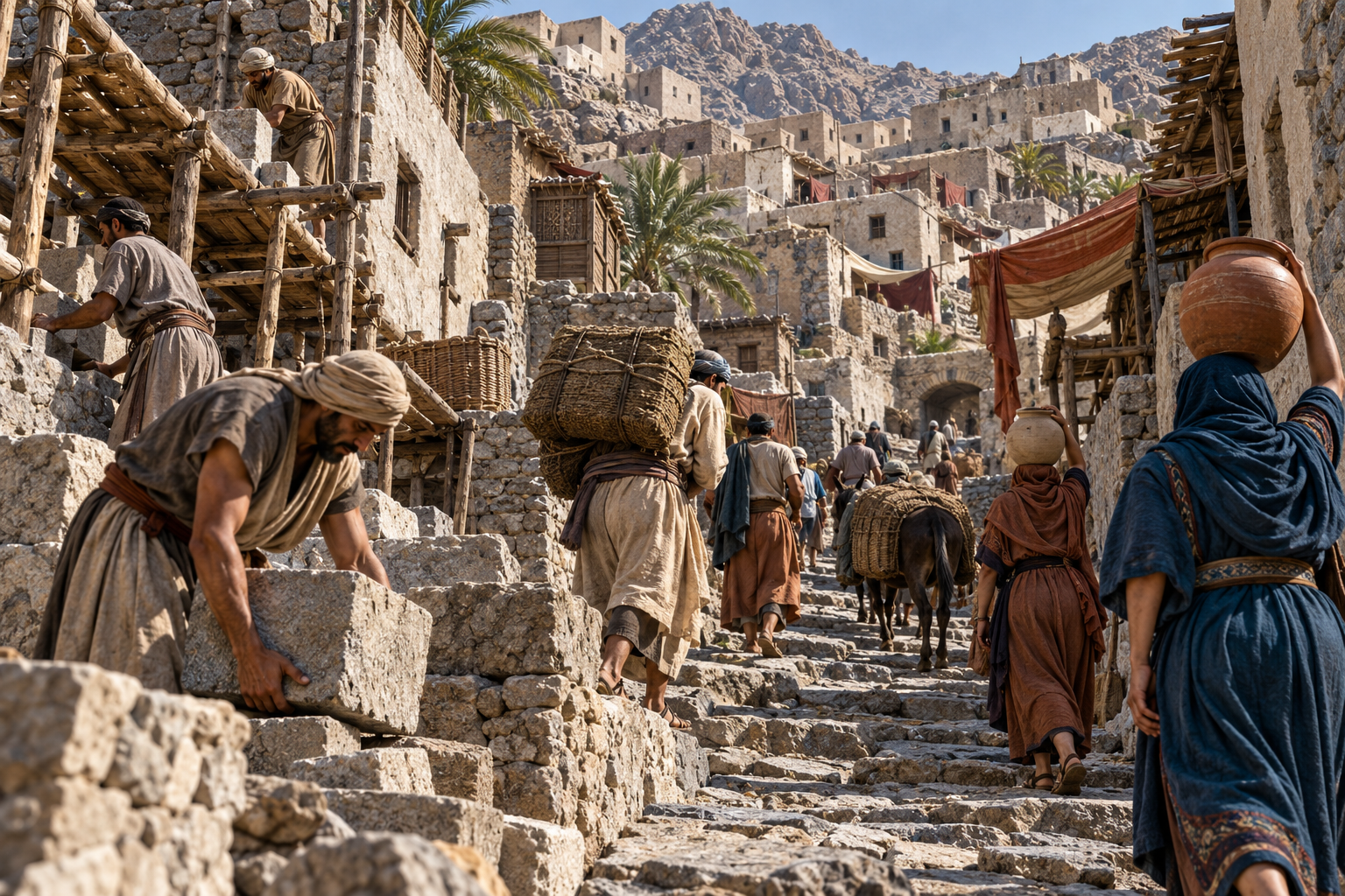 AI-created historical impression of hardship in an ancient Arabian city; the street is imagined.