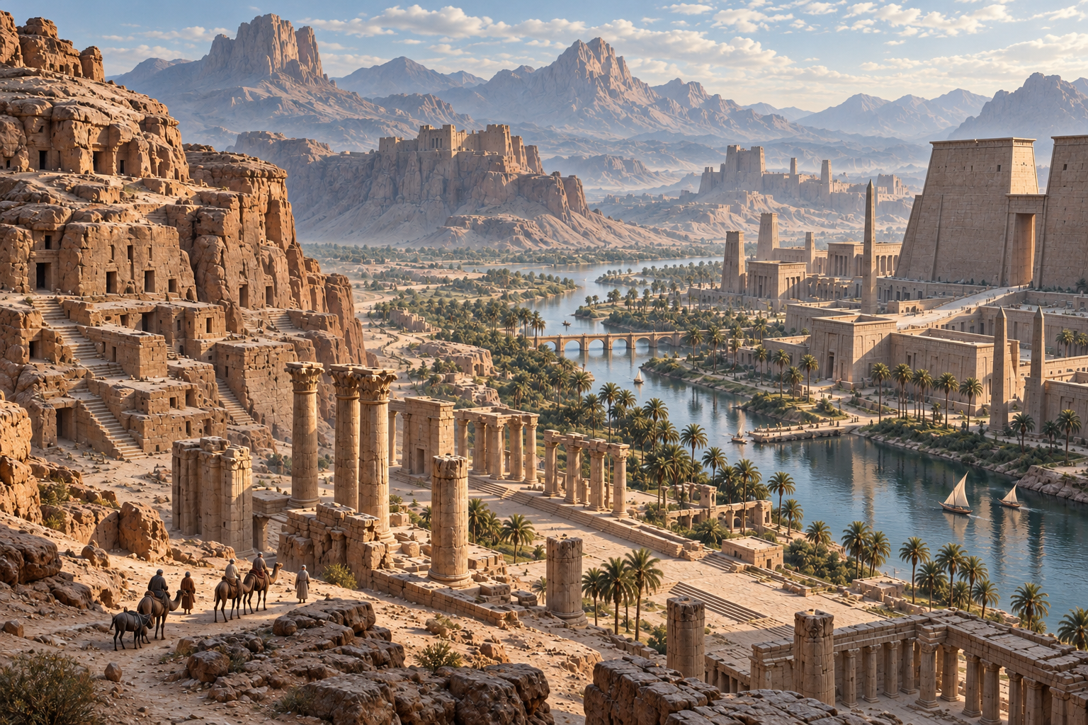 AI-created composite of monumental architecture; it makes no claim to identify Iram or one exact archaeological site.