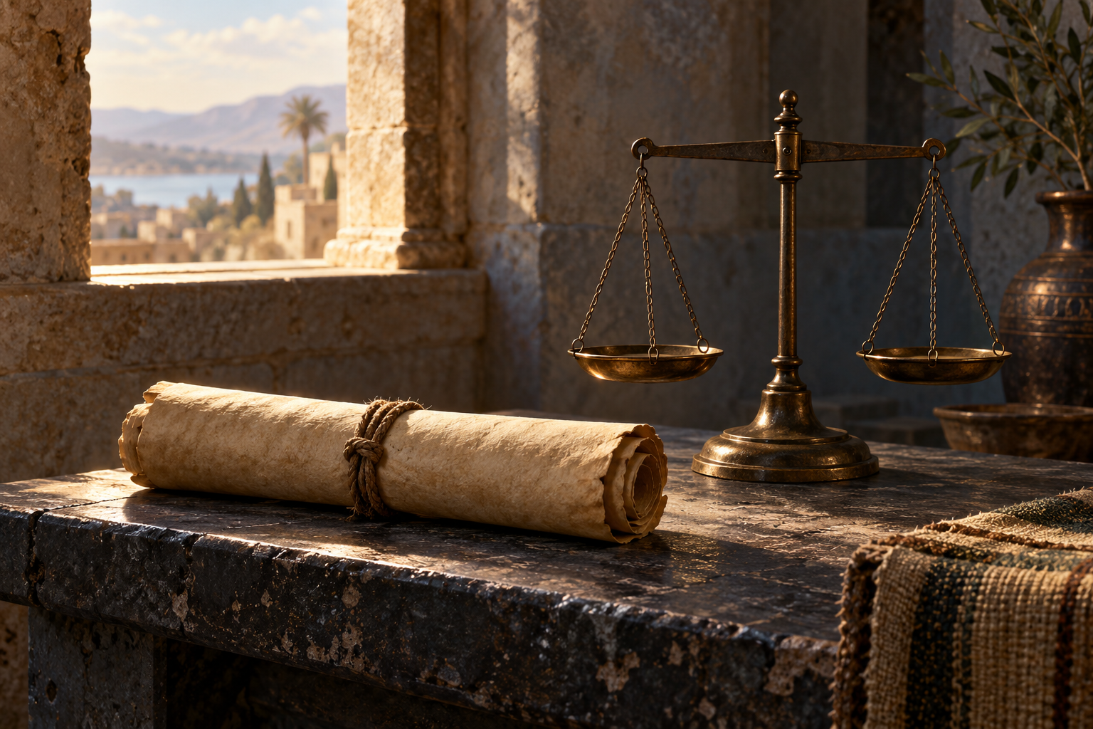 A closed plain scroll rests beside balanced scales.