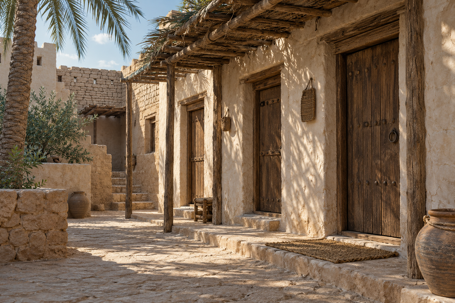 Closed wooden doors face a quiet courtyard outside modest rooms.
