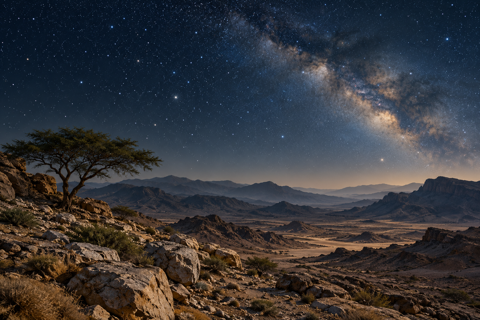 A desert under the stars · AI-created reflection on creation; no depiction of the Divine.