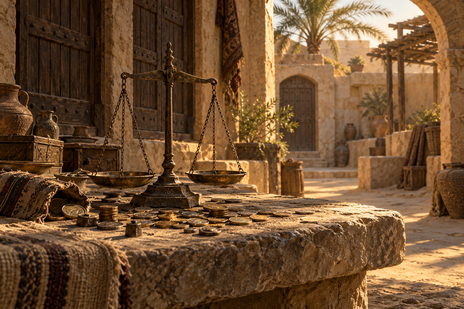 Abandoned merchant scales and coins · AI-created reflection on the limits of wealth.