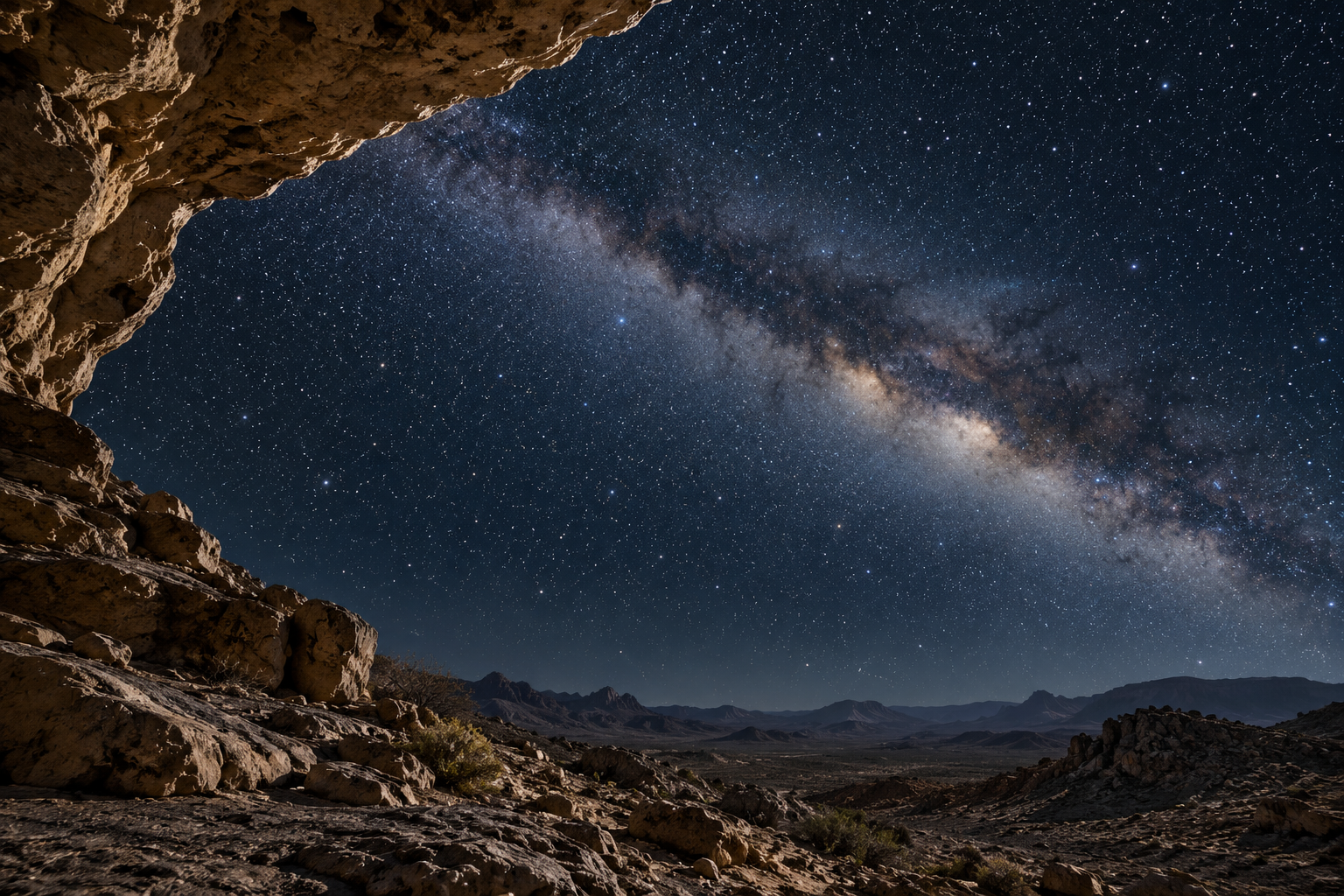 A rocky world lies beneath an expansive sky filled with stars.