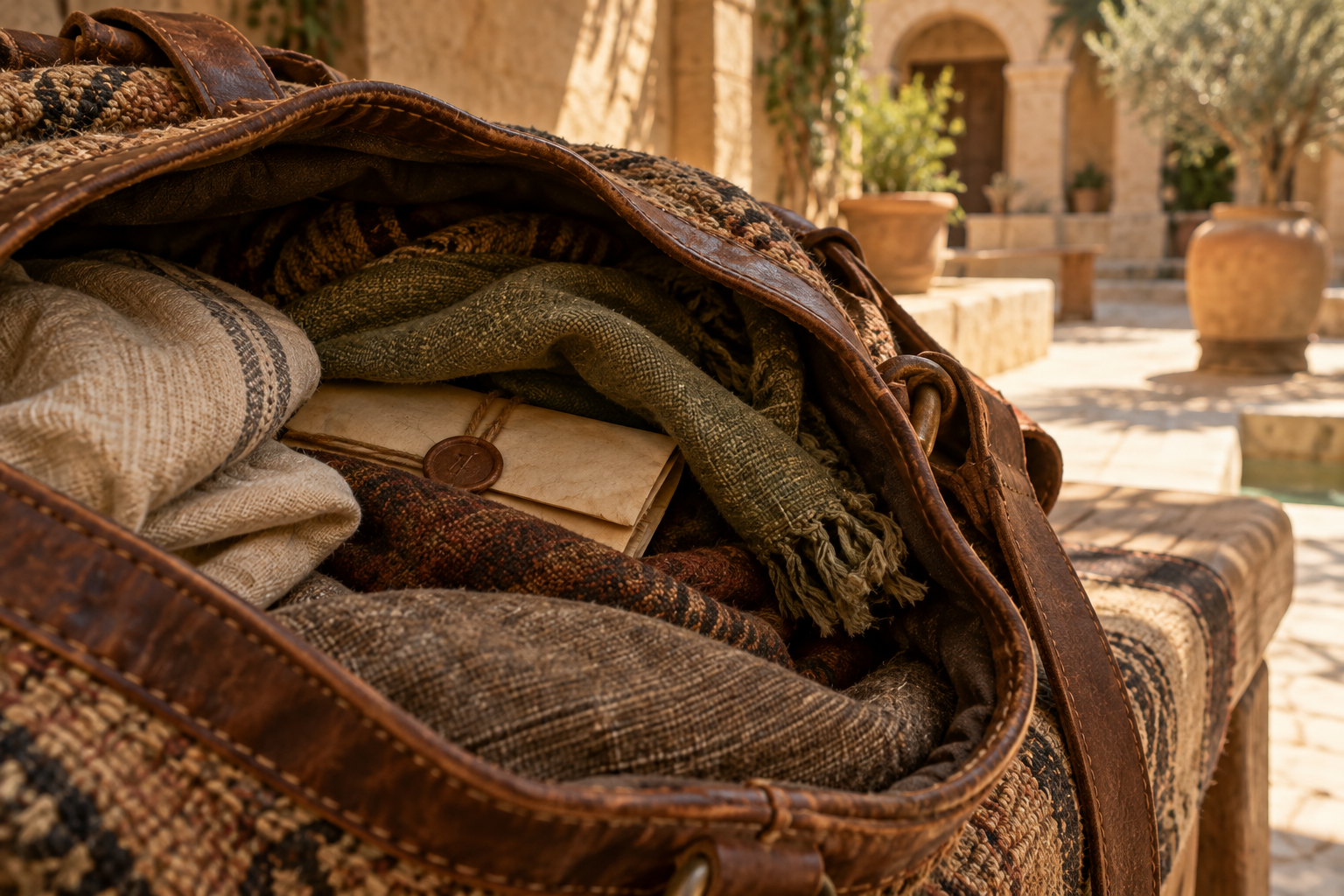 A sealed parchment letter is almost concealed inside a traveler’s worn bag.