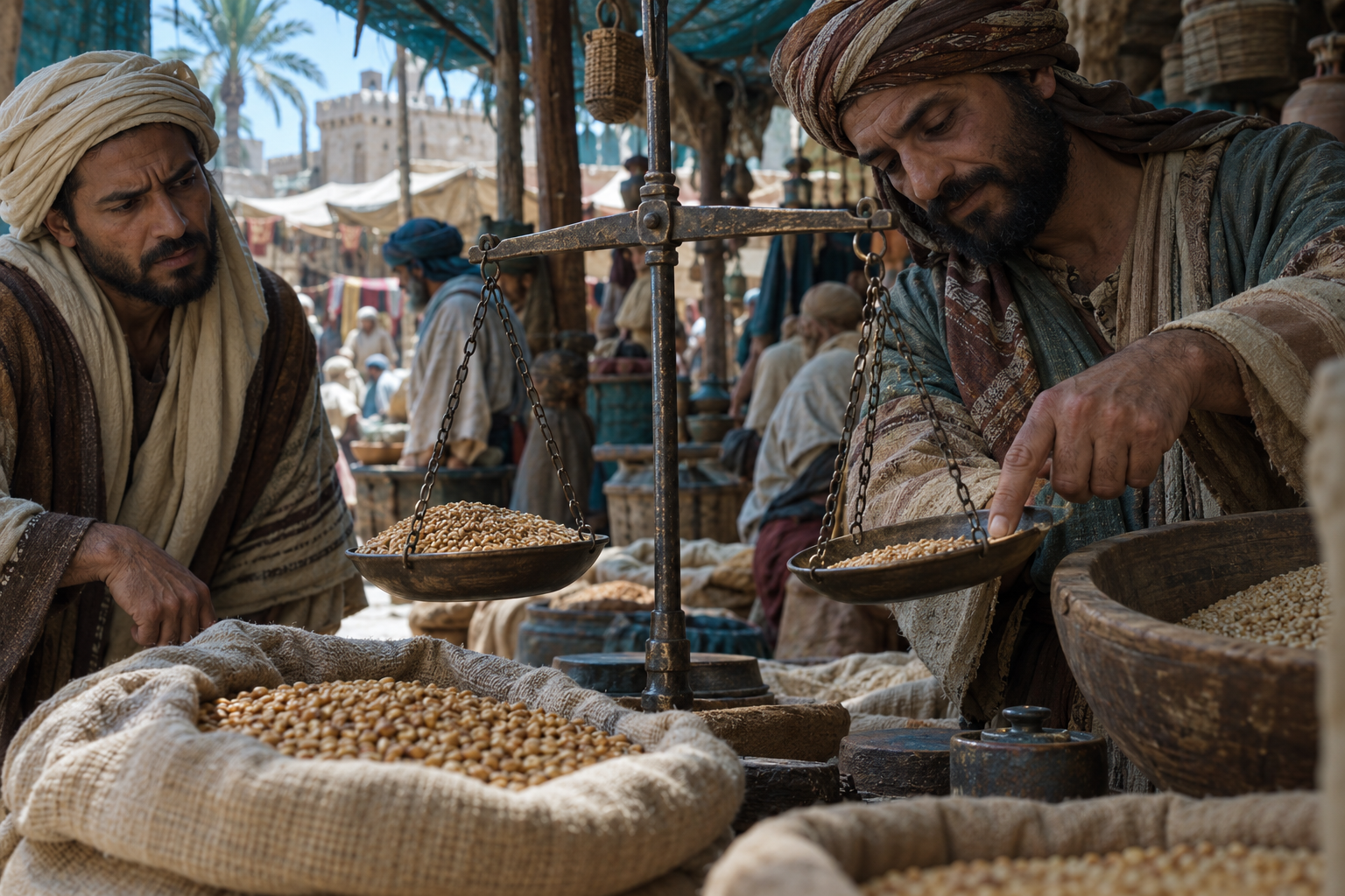 AI-created historical market narrative illustrating dishonest weights and measures.