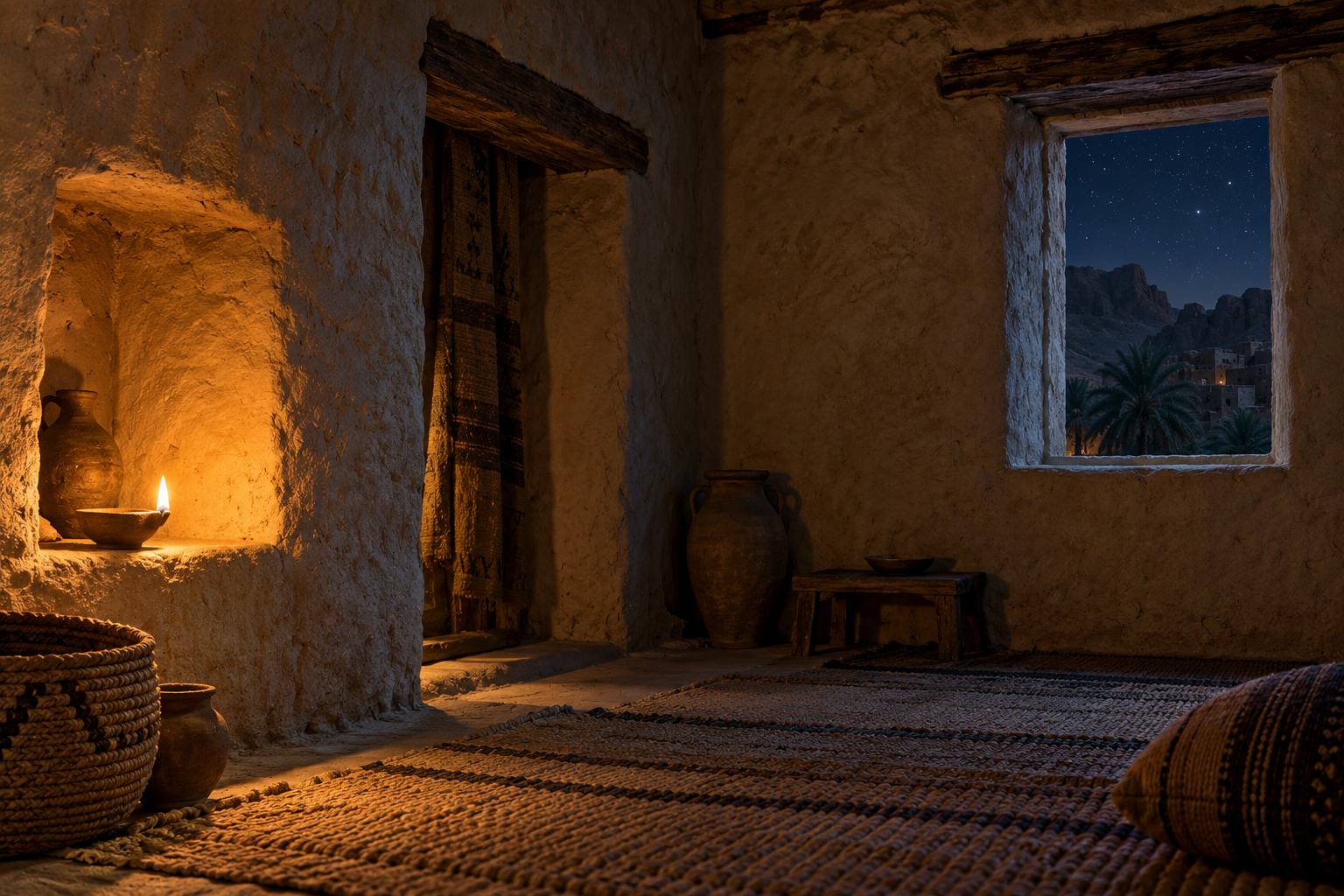 A modest lamp lights an empty room beneath a window of stars.