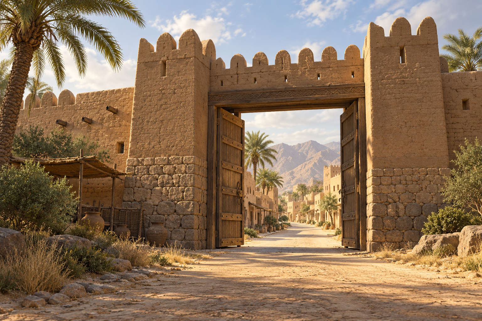 An open Arabian town gate · AI-created architectural illustration; not a reconstruction of the conquest.