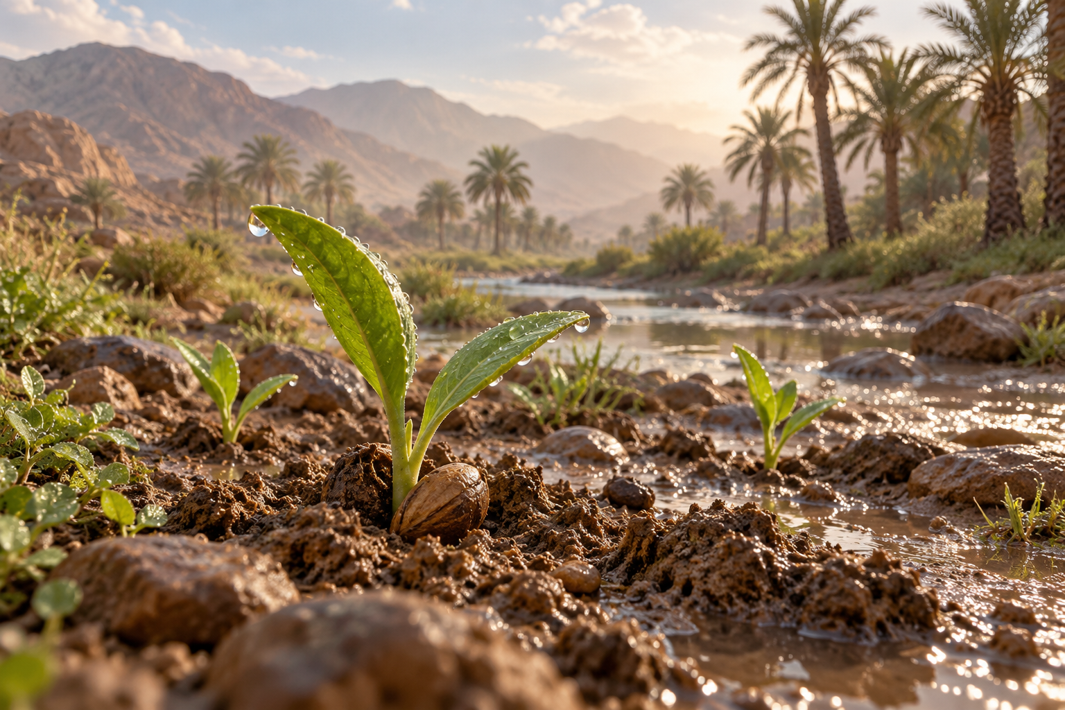 Young growth rises from rain-darkened desert soil with palms beyond.