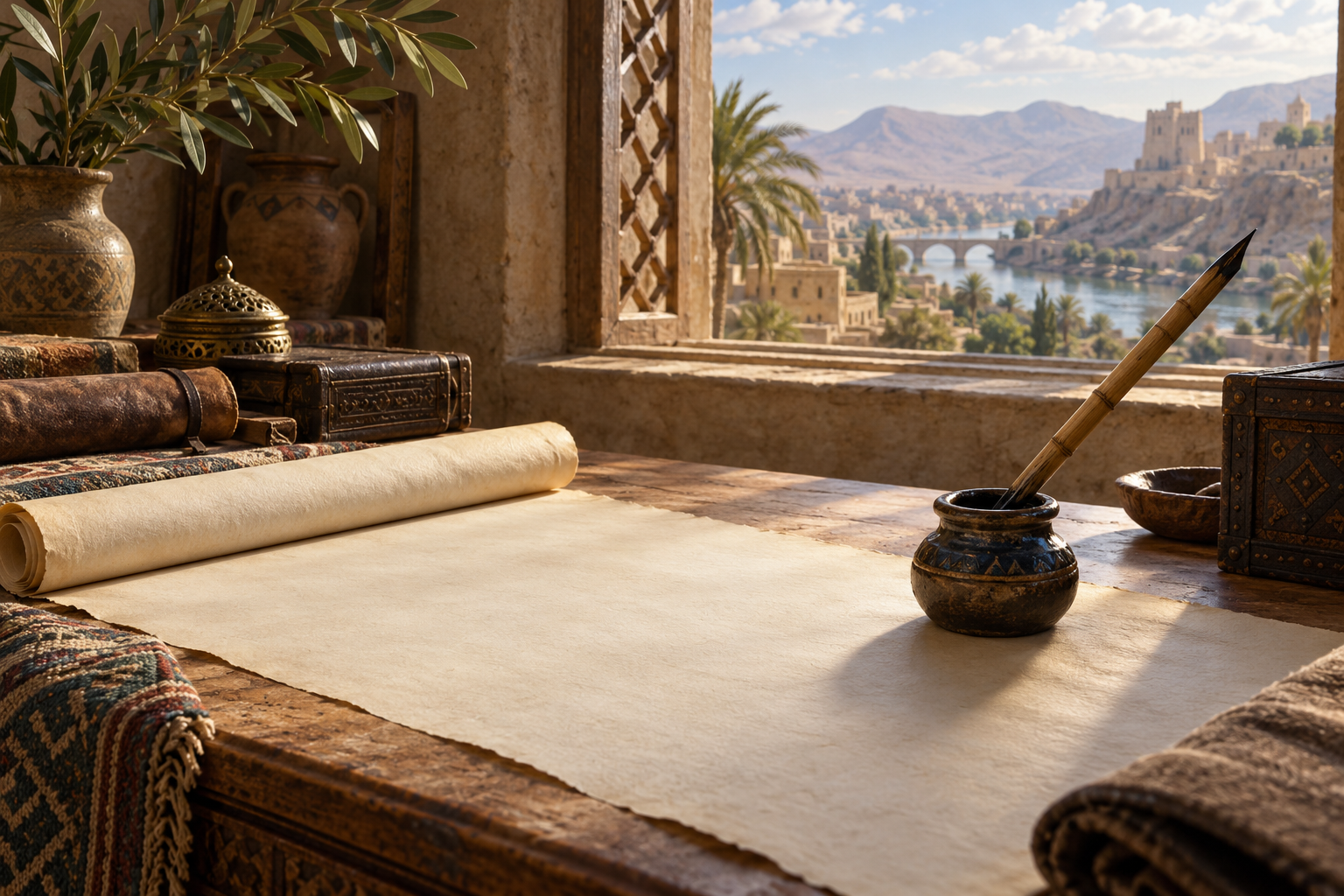 The opening oath by the pen in 68:1–16 is illustrated through writing materials, not a portrayal of the Prophet.