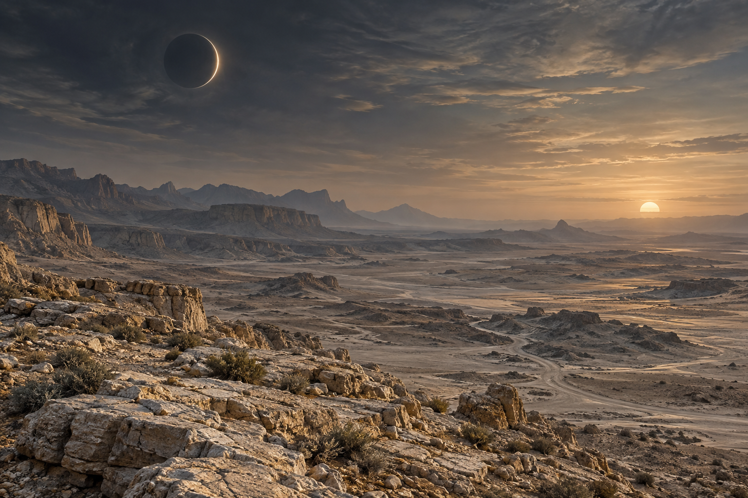 A dim eclipsed moon and a pale low sun hang over a desolate landscape.