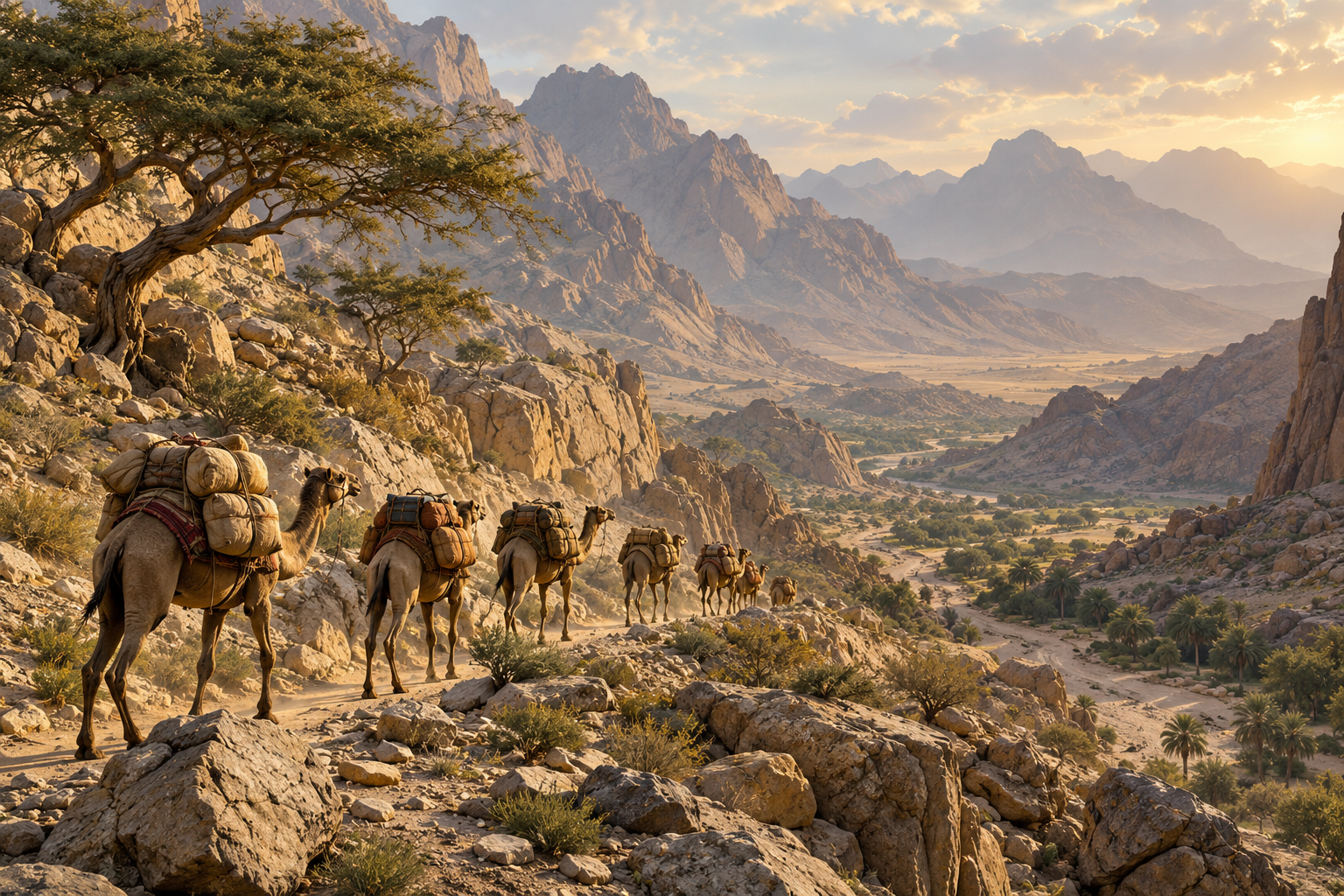 Camels on a rocky trade route · AI-created impression of Arabian commerce; no exact journey is claimed.
