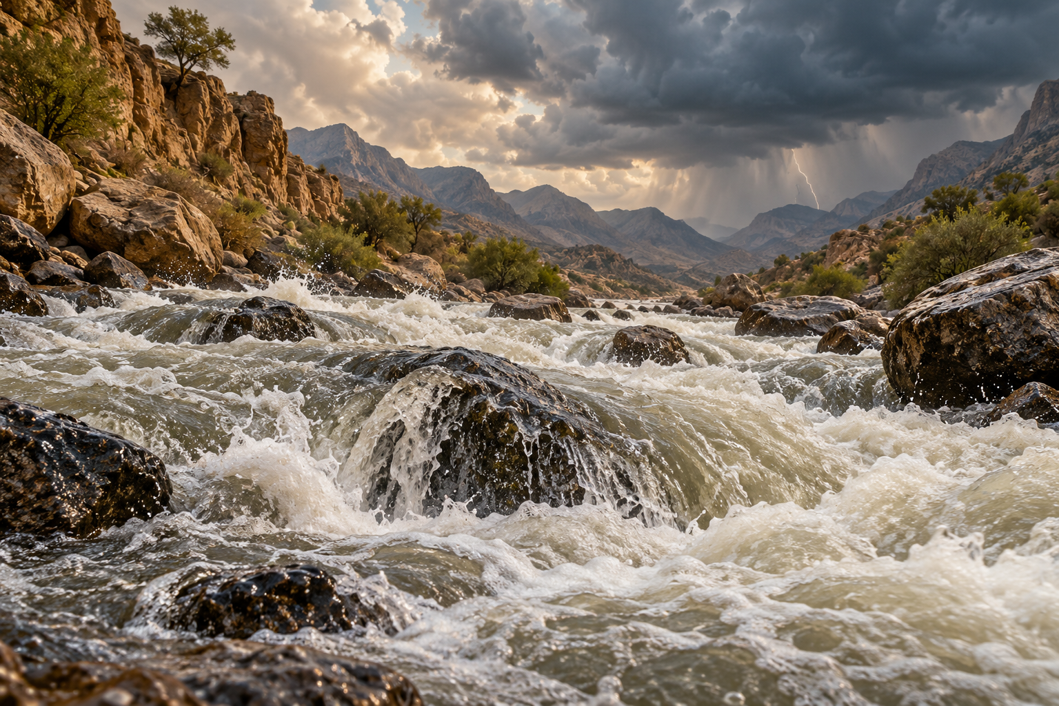 A rain-fed torrent carries pale foam below storm clouds, evoking the natural signs and parable in 13:1–18.