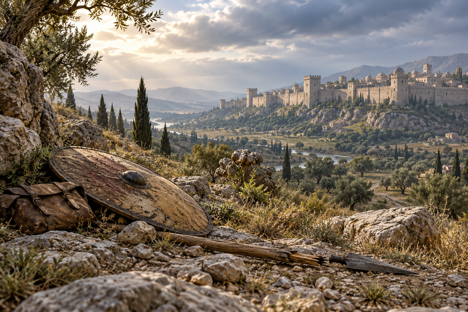 Distant Byzantine-style city walls and abandoned equipment evoke the changing fortunes of empires in 30:1–19.