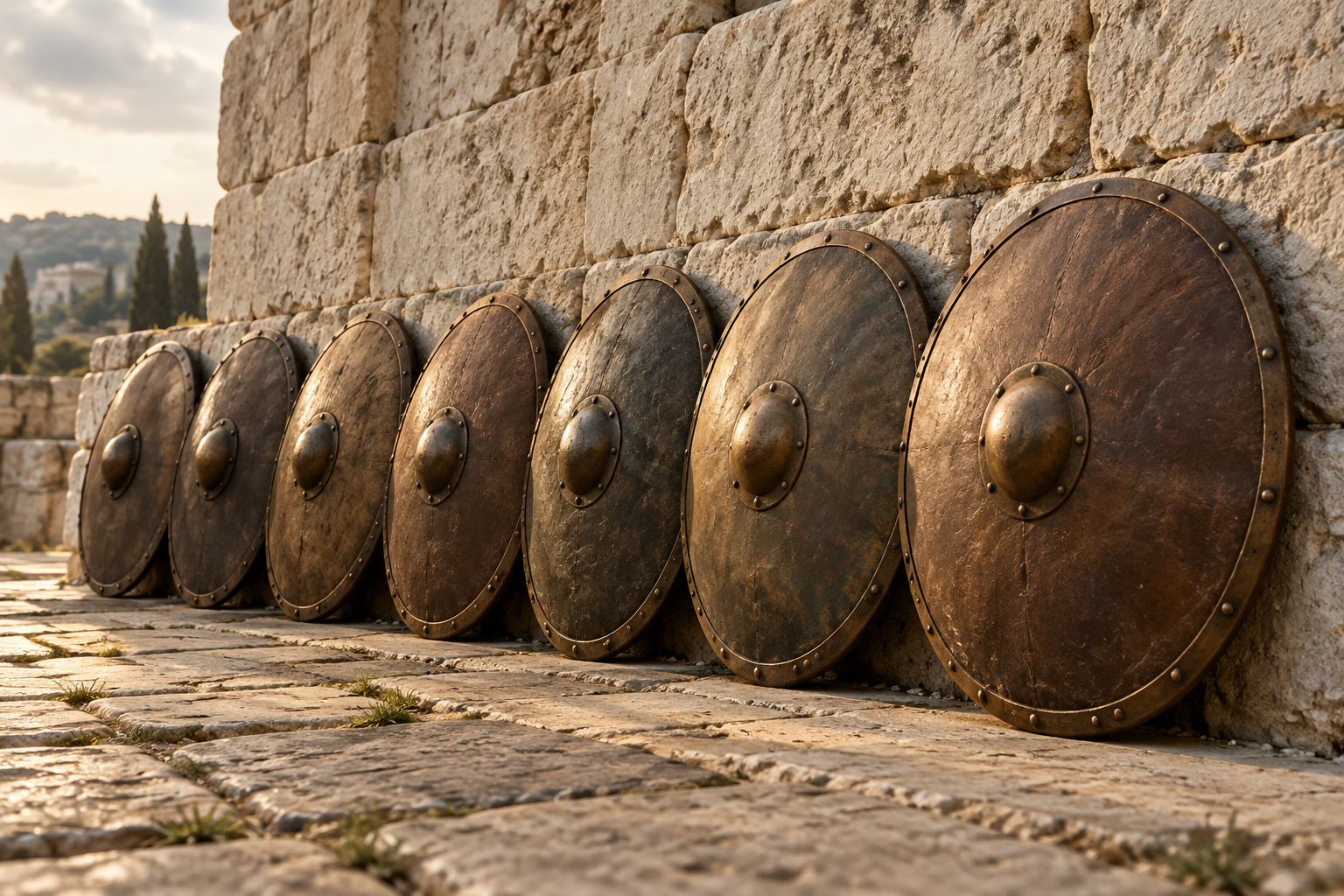 Plain shields form one carefully aligned row against a stone wall.