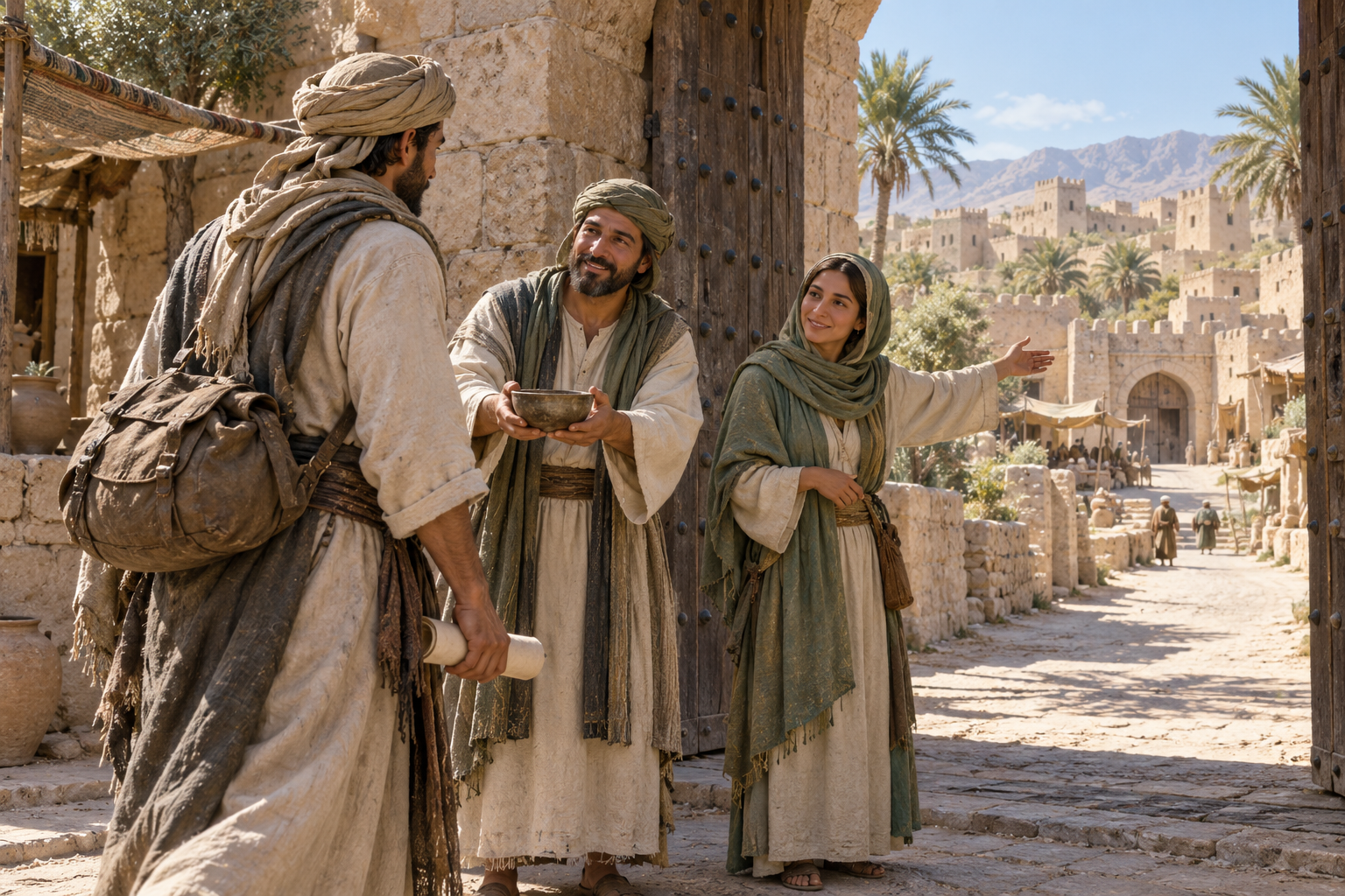 Ordinary residents offer water and a safe road to a traveler, reflecting treaty fidelity and protection in 9:1–16.