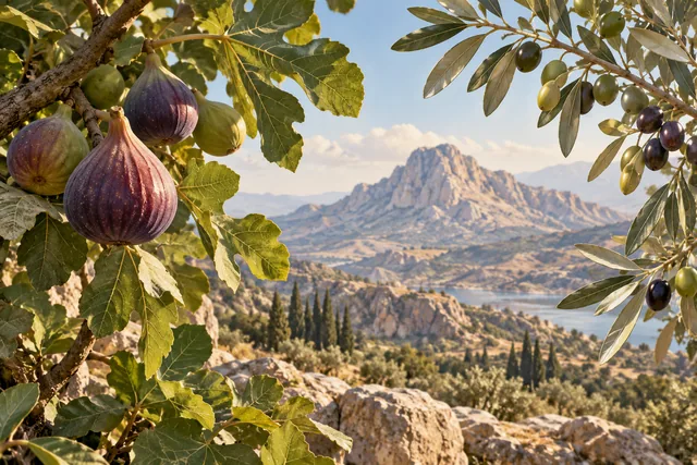 Fig, olive, mountain, and sanctuary · imagined passage illustration