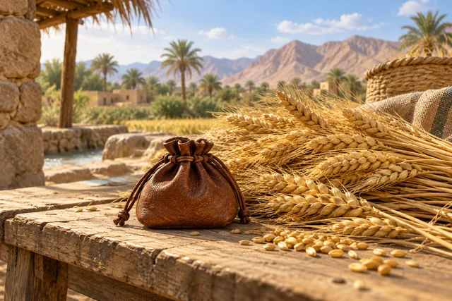 Harvested grain beside a field · gratitude and responsibility · AI illustration