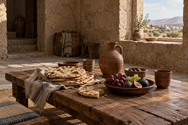 A table of provision in an empty courtyard · AI illustration