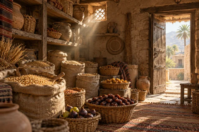 Stored provisions in an ancient trading room · AI illustration