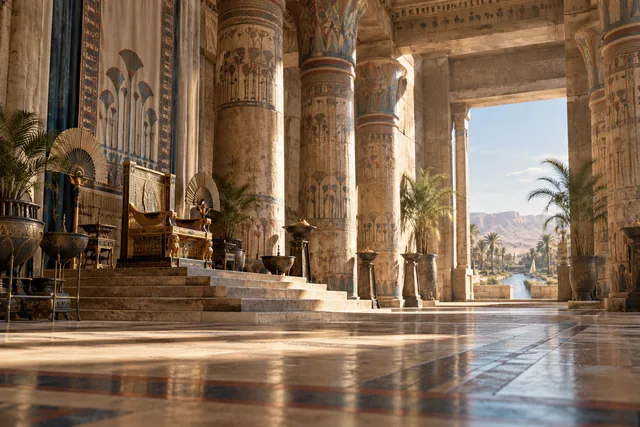 An empty colonnade · reflection on worldly splendor · AI illustration